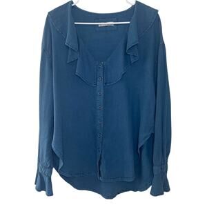We The Free Amber Blue Linen Blend Ruffle Blouse Long Sleeve Small Free People